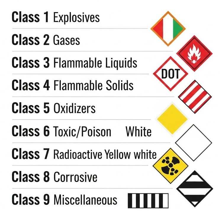 Infographic diagram showing all nine DOT hazard classes with corresponding placard symbols and colors