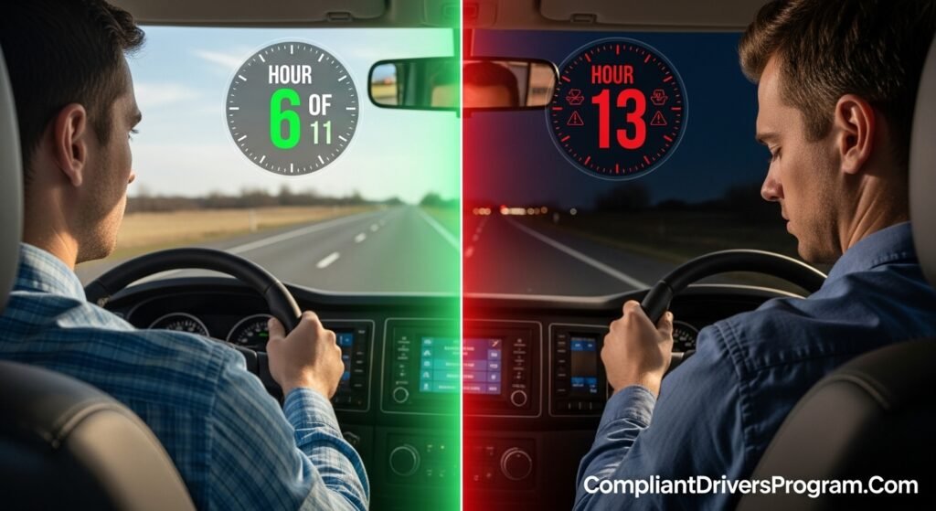 Split comparison of alert truck driver at hour 6 versus fatigued dangerous driver exceeding 11 hour limit