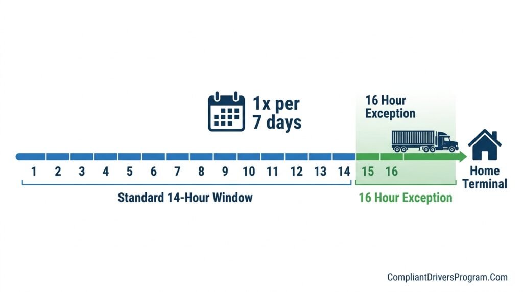 Timeline infographic showing 16 hour HOS exception extending standard 14 hour driving window once per week
