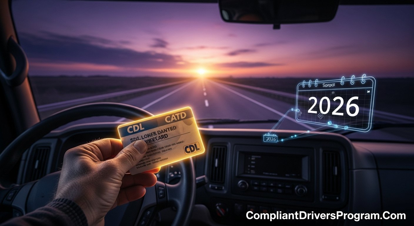 Truck driver holding a CDL card inside a truck cab with a sunset highway background.