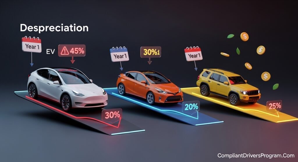 Car depreciation chart 2026 showing electric vehicles lose value faster than hybrid and gas cars