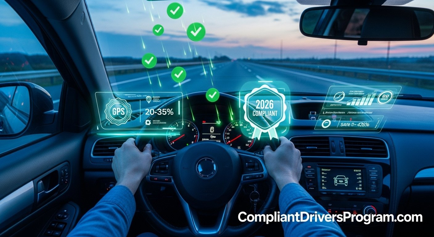 Driver celebrating 2026 compliant drivers program discounts on highway