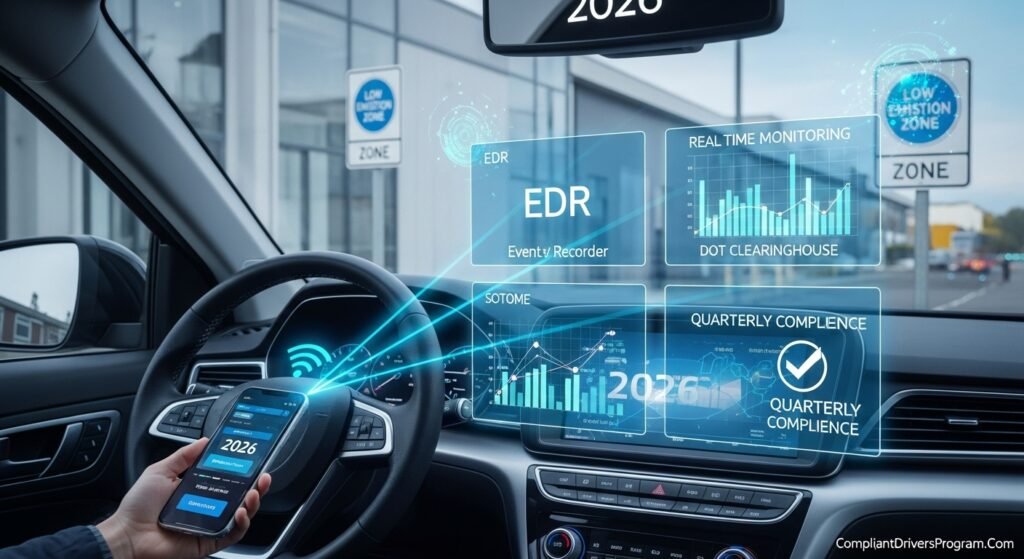 Modern vehicle dashboard showing EDR monitoring and DOT Clearinghouse integration for 2026 compliance