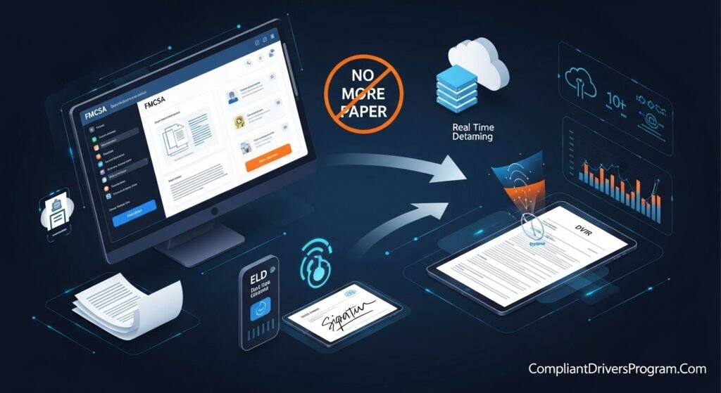 New 2026 FMCSA digital requirements including portal uploads, digital signatures, and ELD real-time data