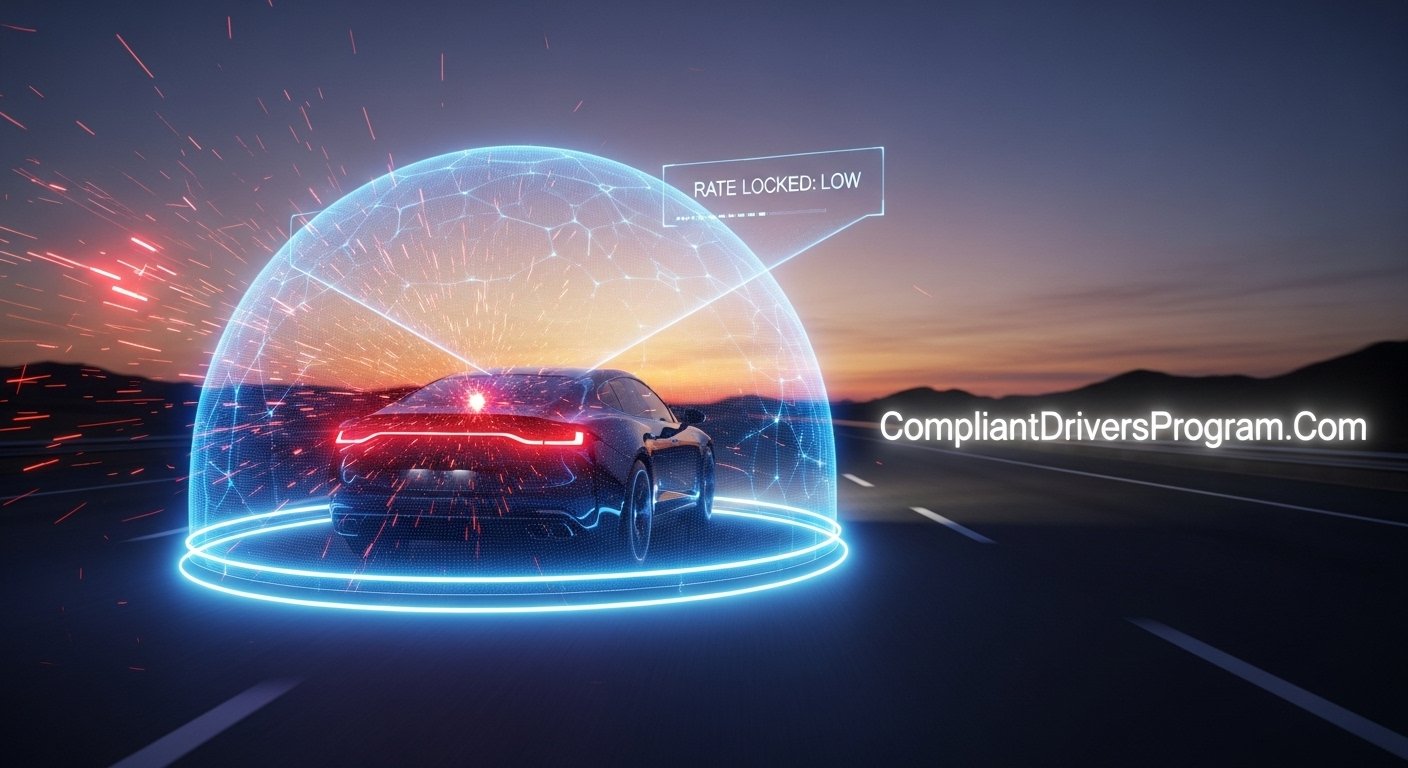 A futuristic car protected by a glowing digital shield representing compliant drivers insurance safety.
