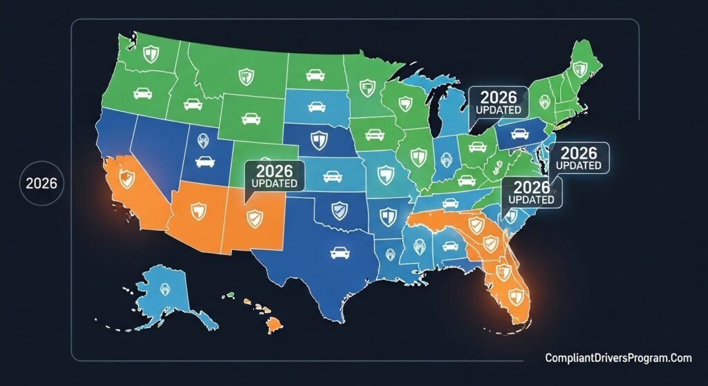 United States map showing updated 2026 auto liability insurance minimum requirements by state with California Florida and Texas highlighted