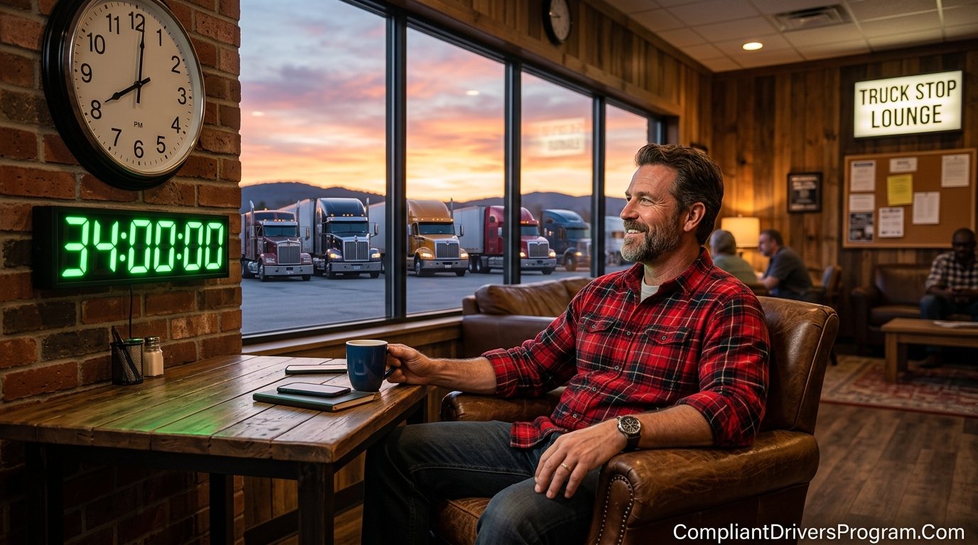 Truck driver resting during 34 hour restart period with countdown timer and parked semi trucks at sunset