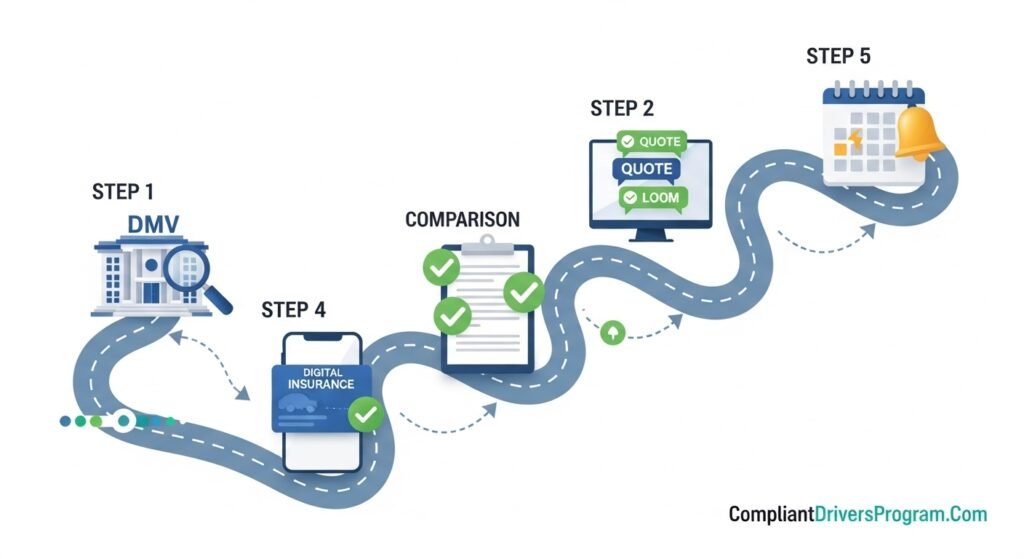Step-by-step visual guide showing how to obtain proper car insurance from checking DMV requirements to setting renewal alerts