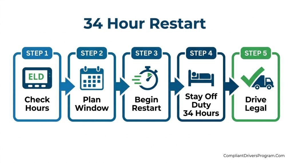 Flowchart diagram showing five steps to complete 34 hour restart for truck drivers