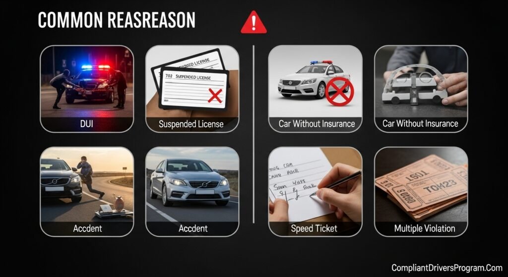 Grid showing six common reasons for SR-22 requirement including DUI, license suspension, no insurance, at-fault accidents, reckless driving, and multiple violations