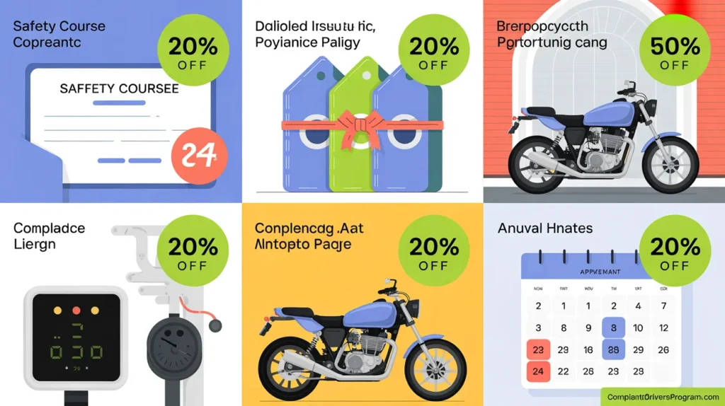 Six motorcycle insurance discount options displayed as illustrated cards with savings percentages