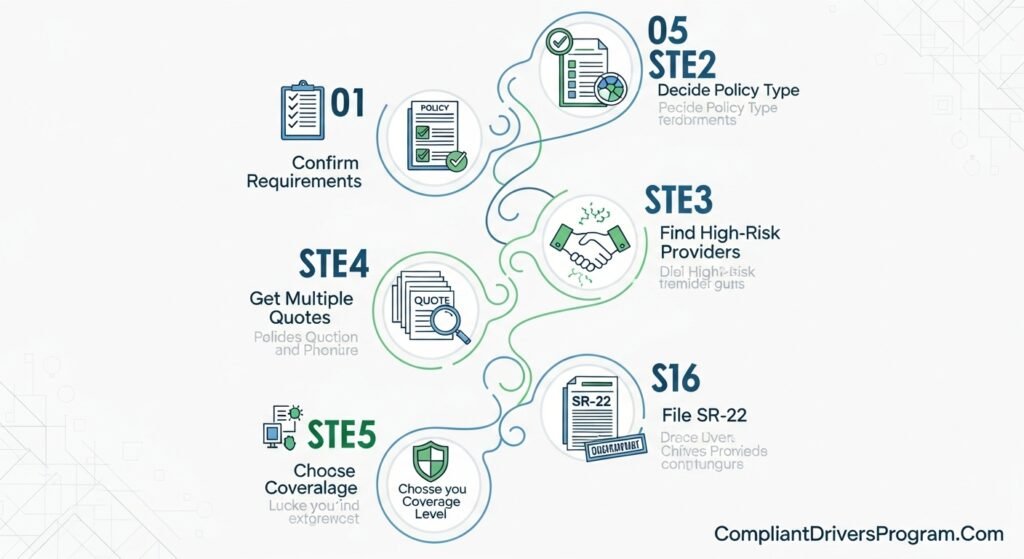 Six-step infographic guide showing how to get car insurance after DUI conviction from requirements to SR-22 filing