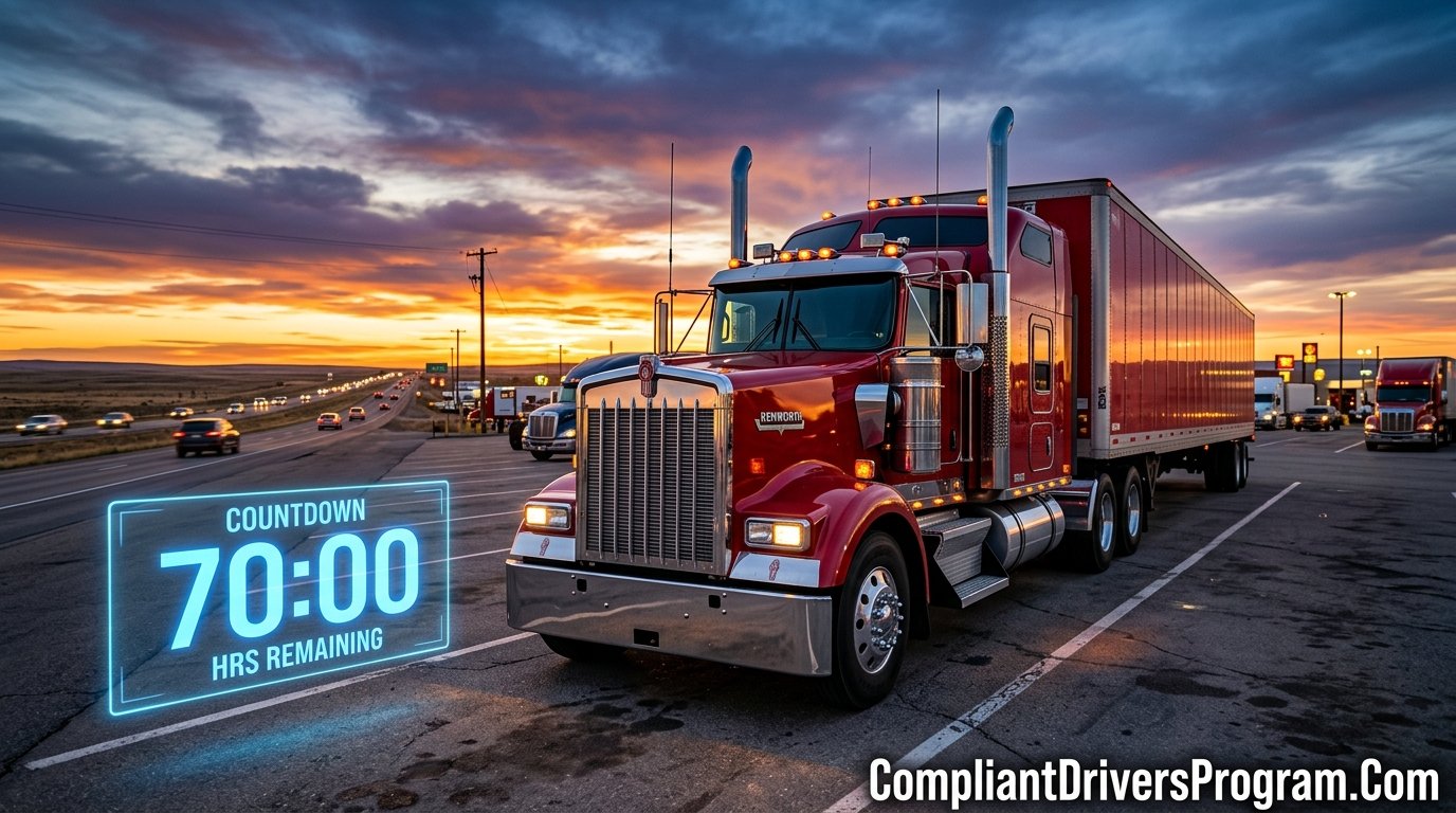 Semi truck parked at sunset with digital 70 hour countdown clock representing the 70 hour rule trucking regulation