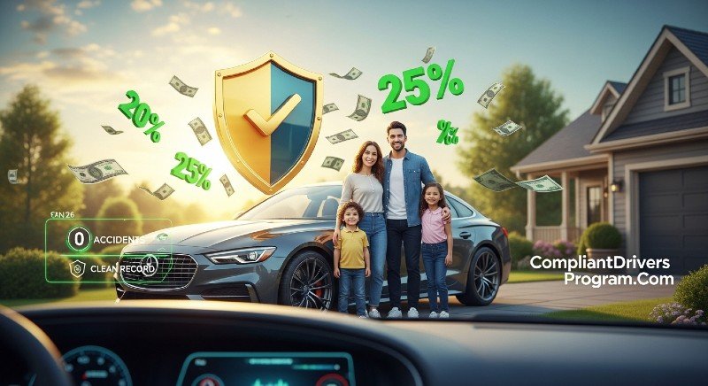 Happy family saving money with accident free discount on car insurance in 2026 showing clean driving record benefits