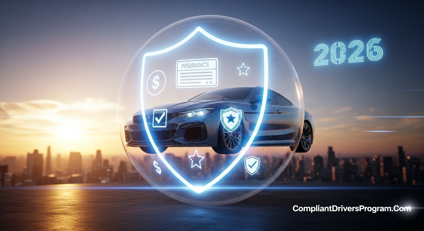 Modern blue car protected by glowing insurance shield bubble with 2026 holographic display showing best car insurance companies comparison
