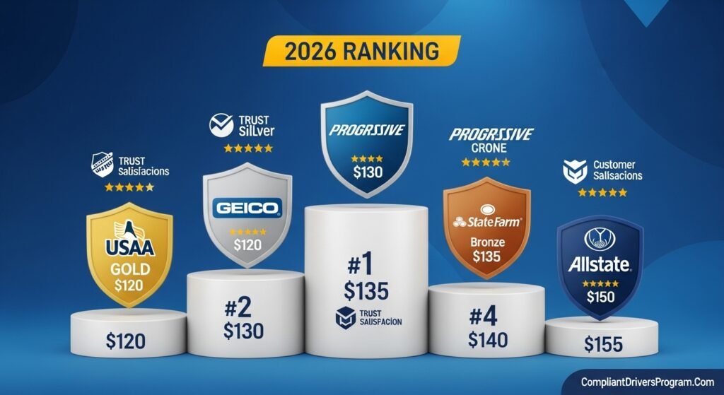 Ranking of cheapest car insurance companies in 2026 with USAA GEICO and Progressive leading