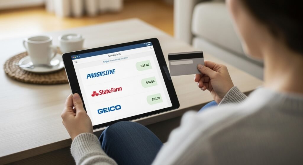 Person comparing quotes from Progressive, GEICO, and State Farm on a tablet device.