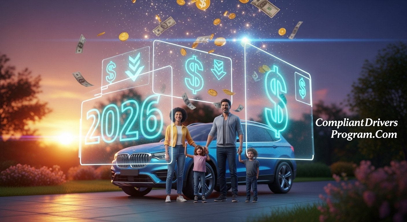 Happy family saving money on car insurance quotes 2026 with digital comparison screens showing savings and dollar symbols floating around their new SUV
