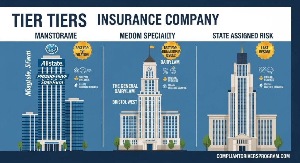 Three-tier comparison of high risk insurance company options from mainstream carriers to specialty insurers to state assigned risk plans