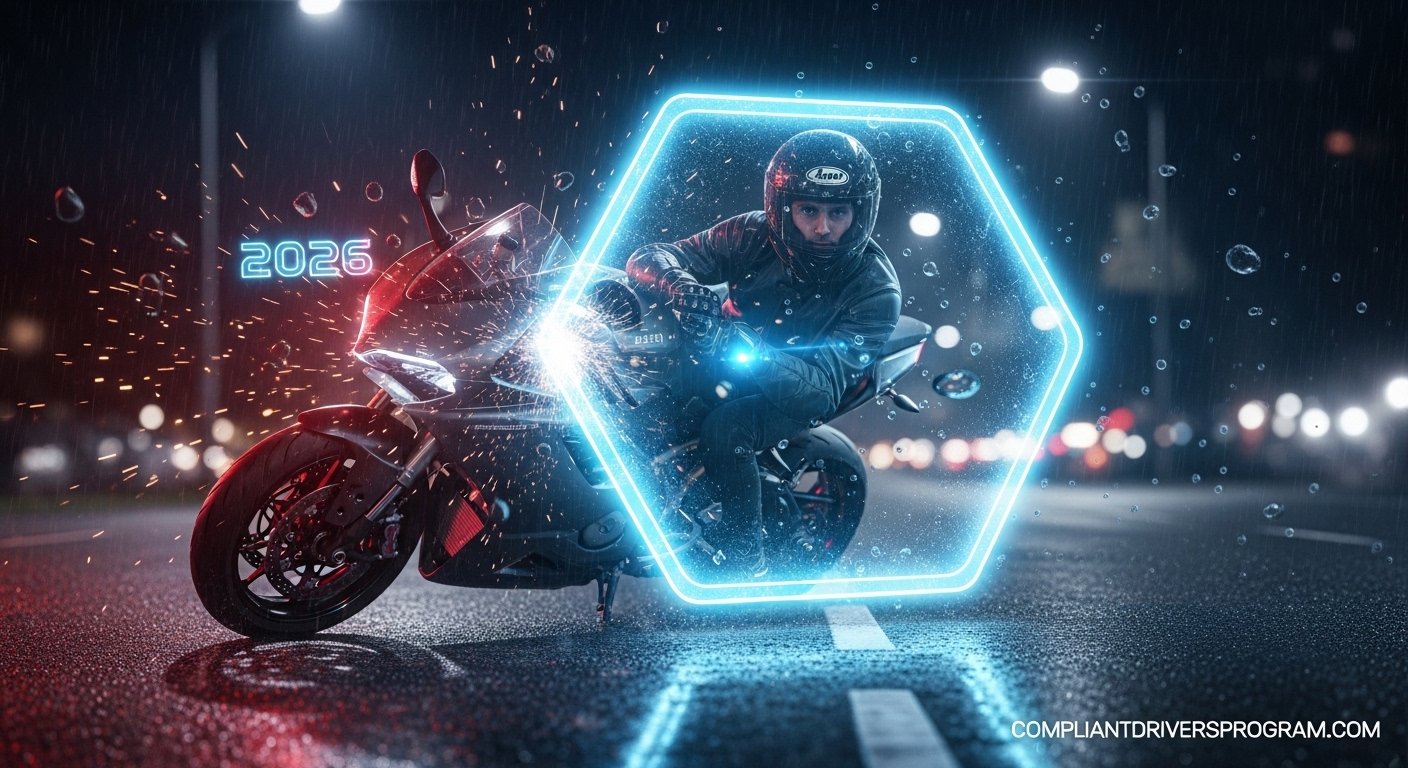 Dramatic cinematic image of motorcycle rider protected by glowing insurance shield force field during accident moment