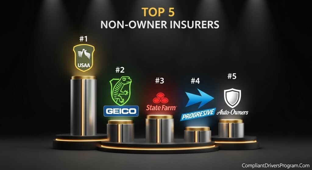 Top 5 insurance companies for non-owner car insurance including USAA, GEICO, State Farm, Progressive, and Auto-Owners