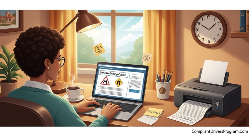 Person taking online defensive driving course at home on laptop with certificate printing nearby for insurance discount