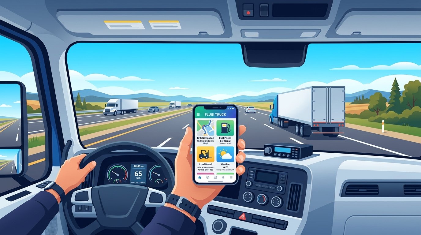 Best trucking apps displayed on a smartphone inside a semi-truck cab with an open highway ahead