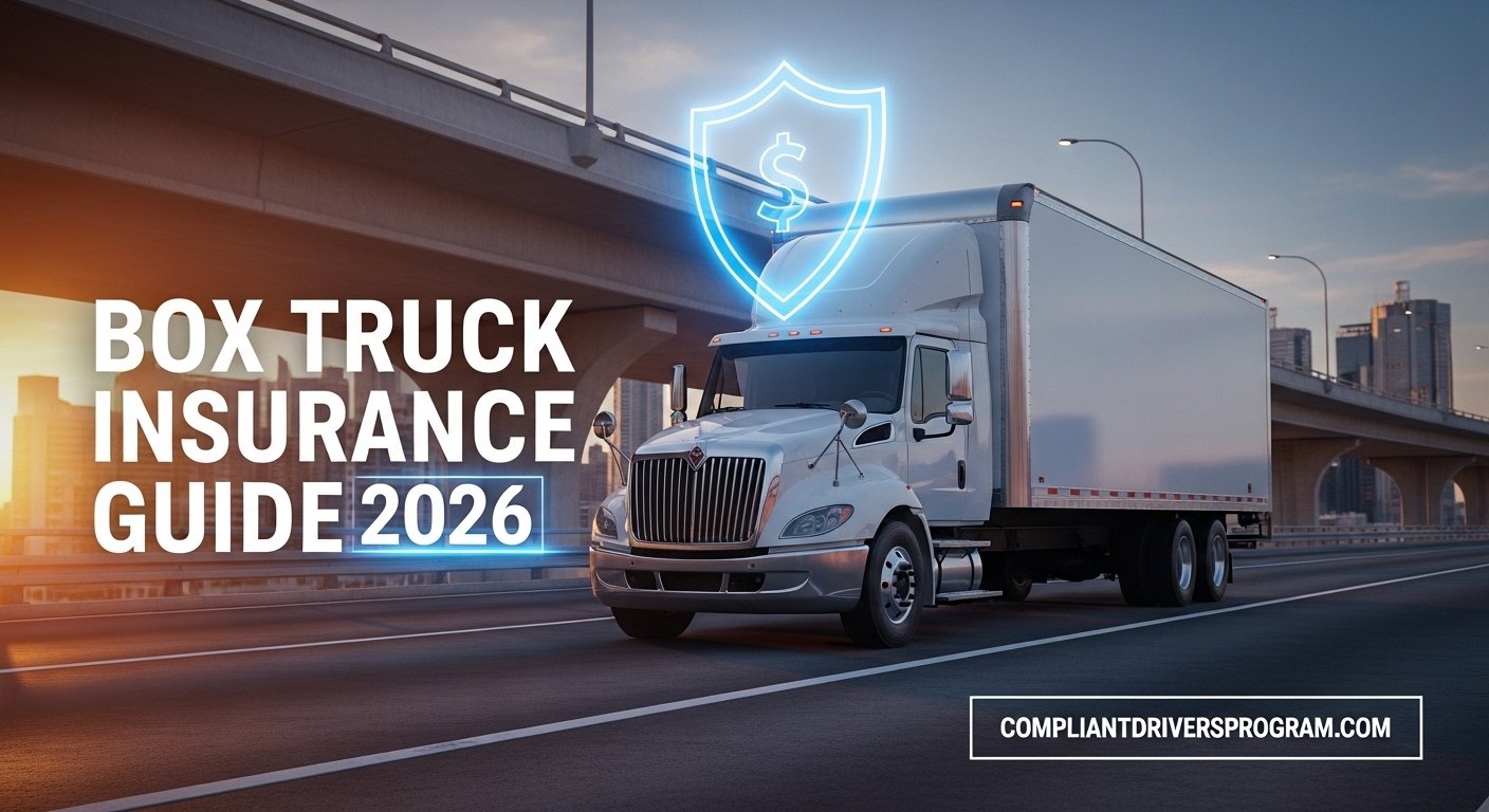 White 26-foot box truck protected by glowing blue insurance shield hologram at sunset highway with 2026 guide text overlay by CompliantDriversProgram.Com