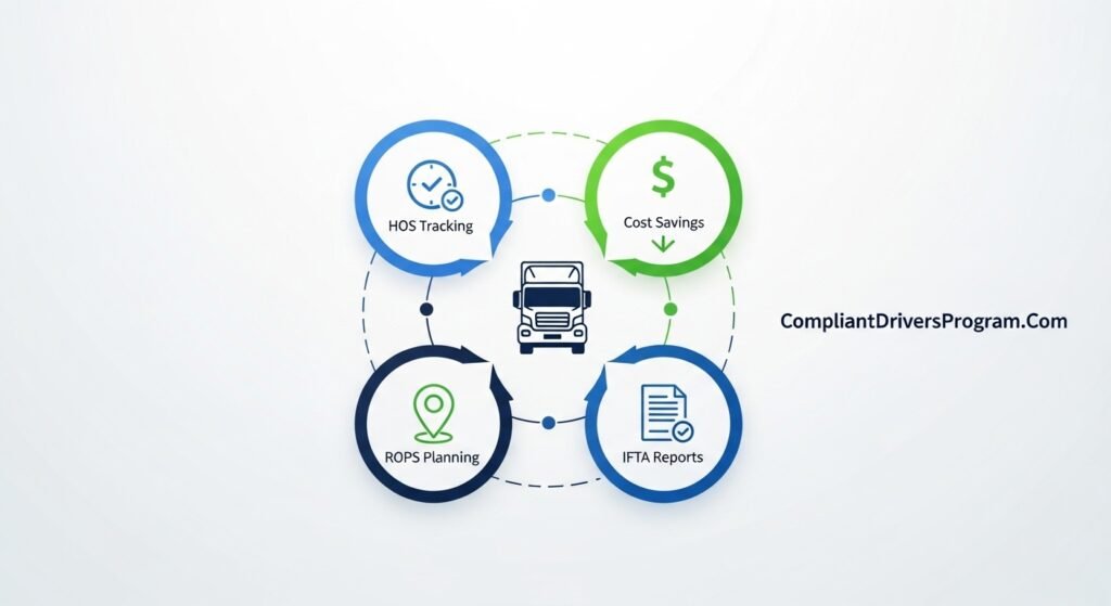 Infographic showing four main benefits of budget ELD devices for truckers