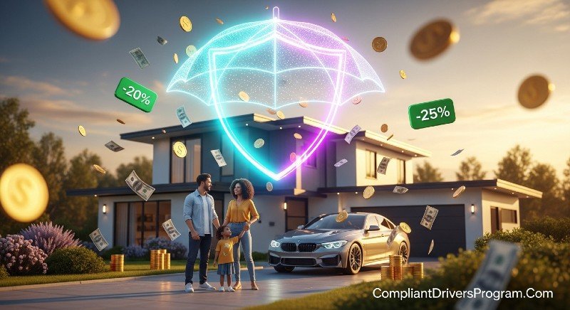 Happy family protected by insurance bundle shield with house and car saving money on combined policies