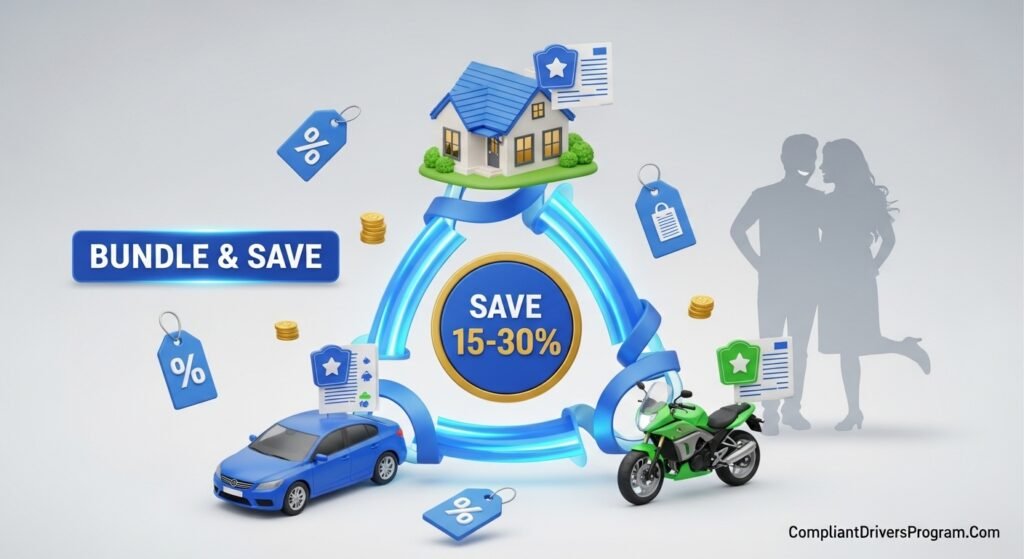 3D illustration of house car and motorcycle connected showing bundle insurance savings of 15 to 30 percent