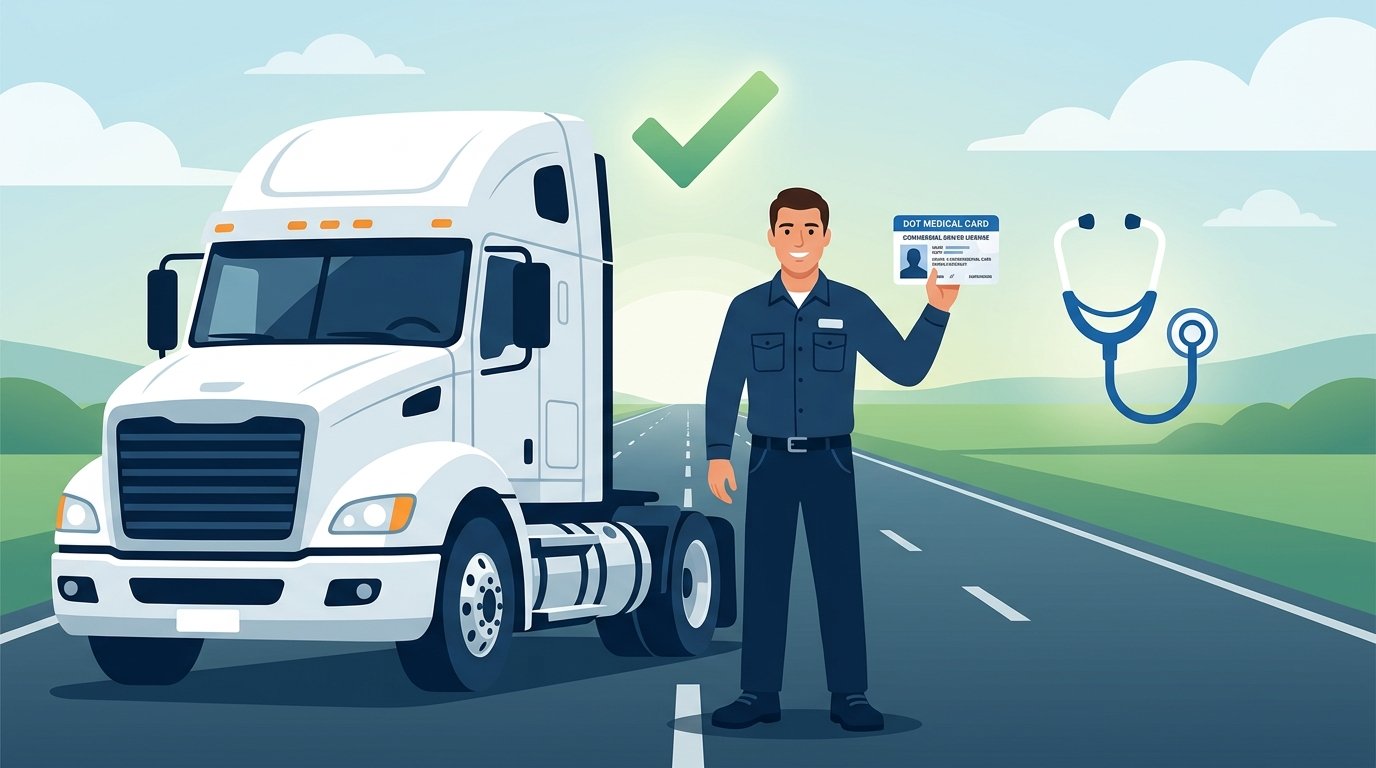 CDL medical requirements guide showing a truck driver with a DOT medical card and health screening icons for the 2026 DOT physical exam