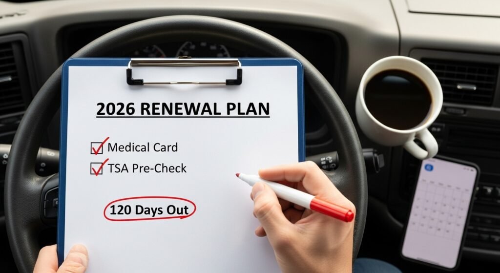 Clipboard on steering wheel with a CDL renewal checklist and red marker.