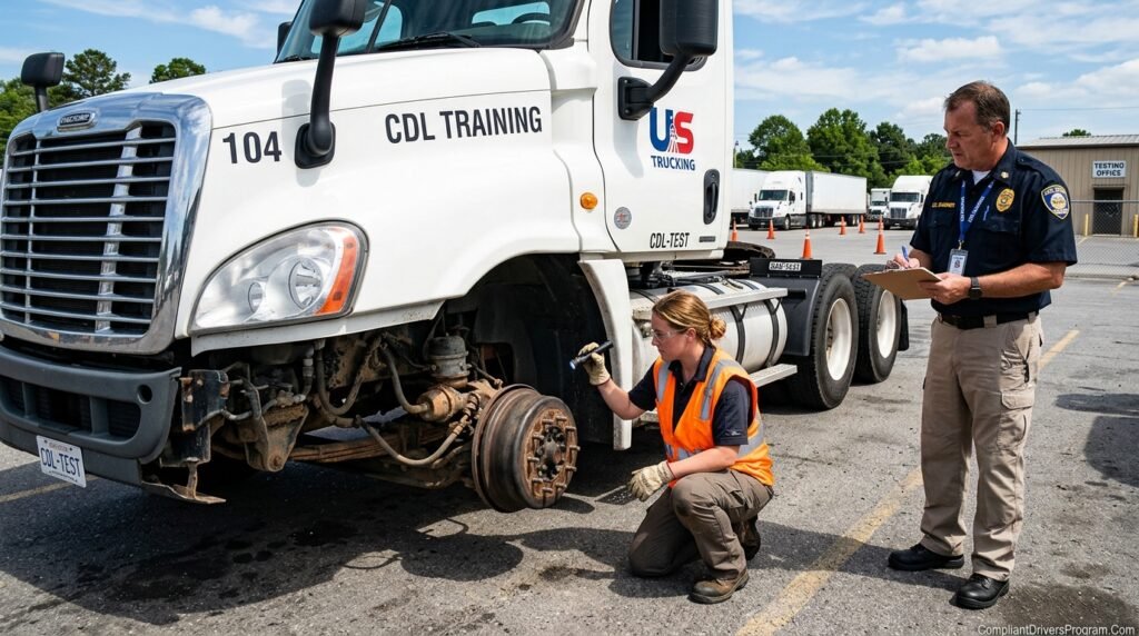 Foreign driver taking mandatory CDL skills test performing pre-trip vehicle inspection with examiner
