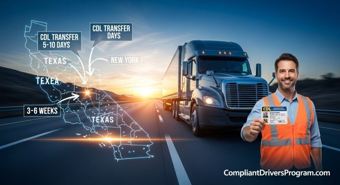 Semi truck on highway with CDL transfer timeline map by state 2026