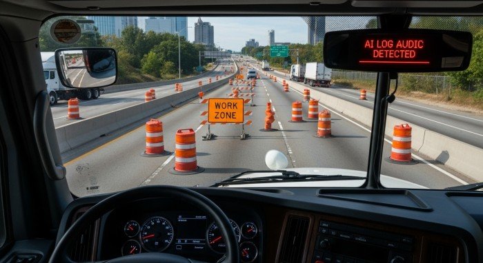View from inside a semi-truck approaching a construction zone with log audit warning