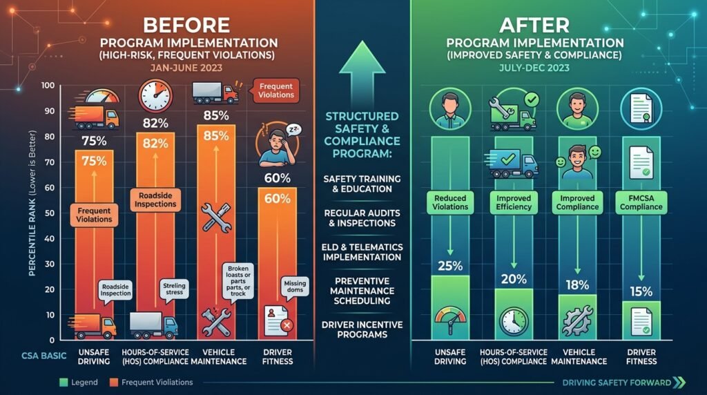 CSA score improvement chart showing results of a DOT safety program with reduced violation percentiles.