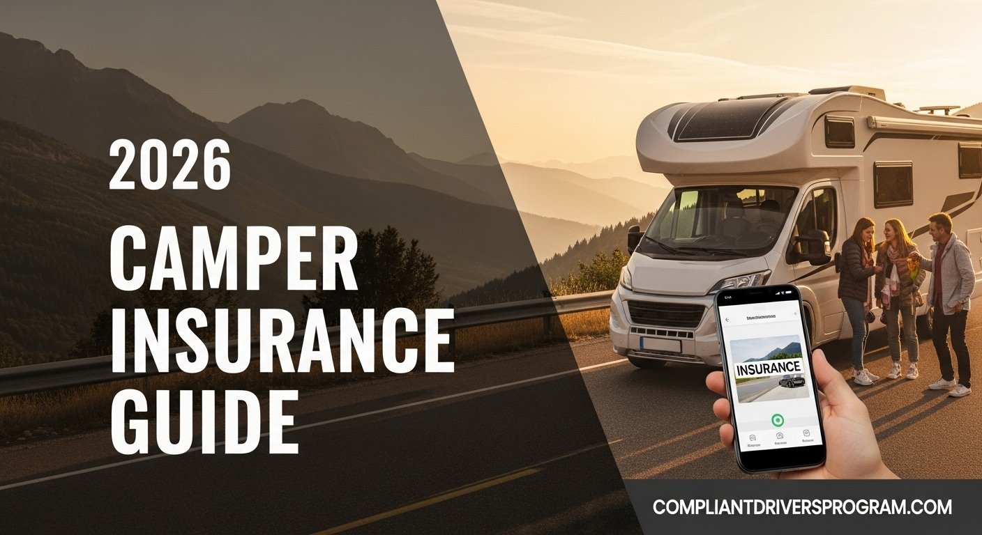 Family reviewing camper insurance on smartphone next to modern camper van on highway
