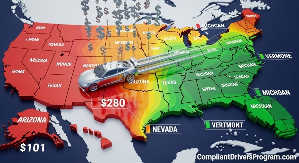 Heat map of car insurance cost by state 2026 showing highest and lowest rates