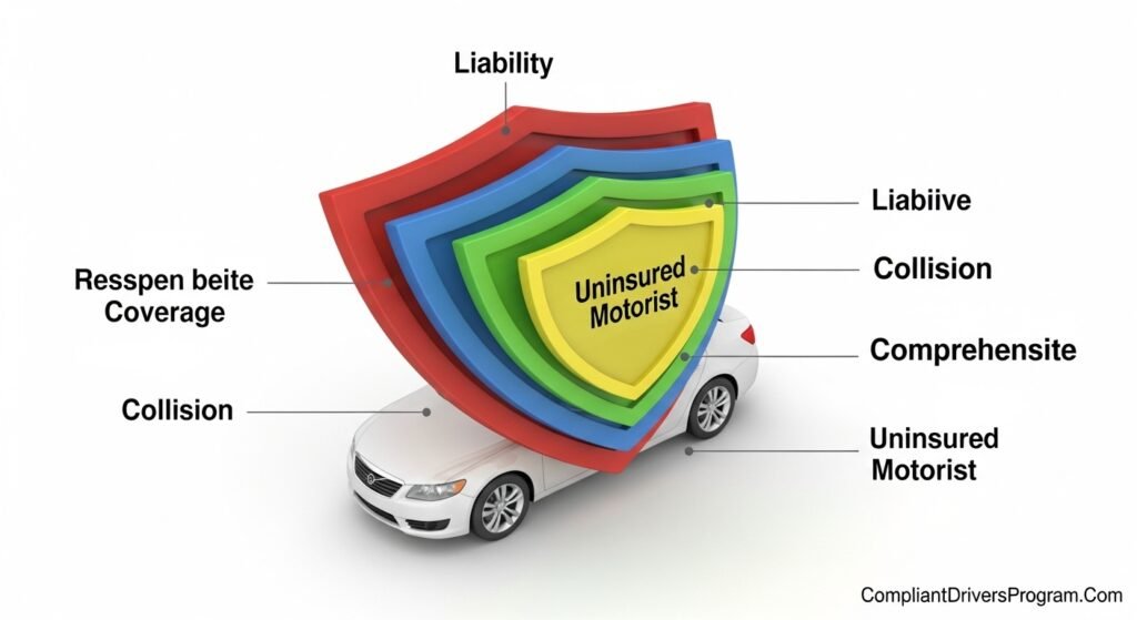 Layered diagram showing four types of car insurance coverage - liability, collision, comprehensive, and uninsured motorist protection