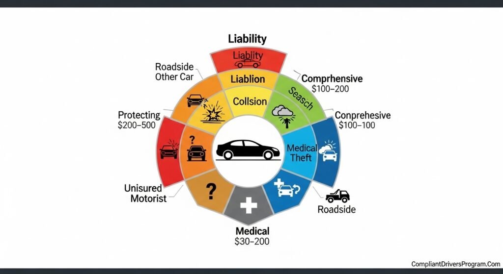 Diagram explaining 6 types of car insurance coverage from liability to comprehensive and roadside