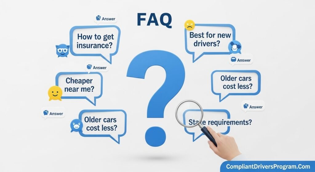 FAQ visual showing common car insurance questions about cheap rates new drivers and coverage