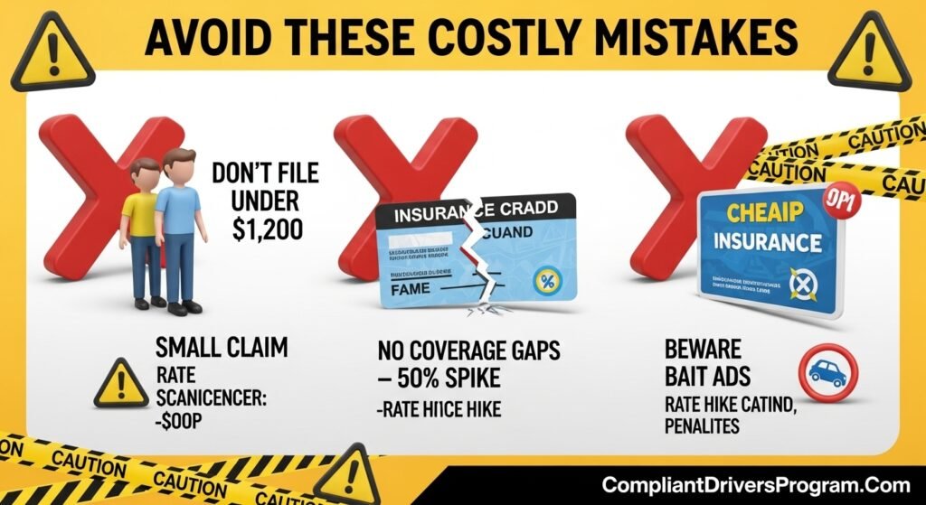 Warning infographic showing three car insurance mistakes to avoid including small claims coverage gaps and bait ads