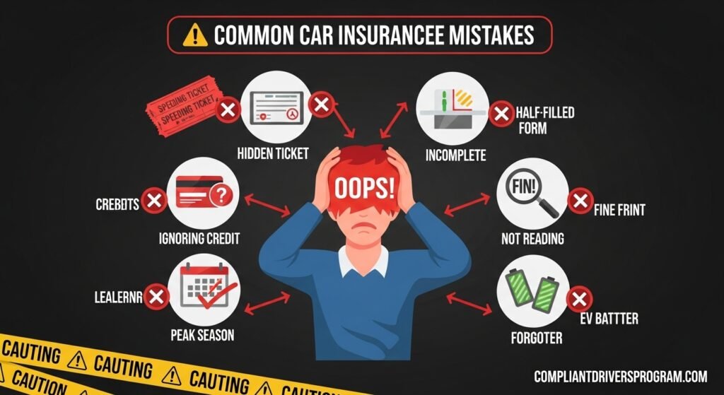 Warning infographic showing common car insurance quote mistakes including hiding tickets, incomplete forms, ignoring credit score, skipping fine print, and forgetting EV battery details