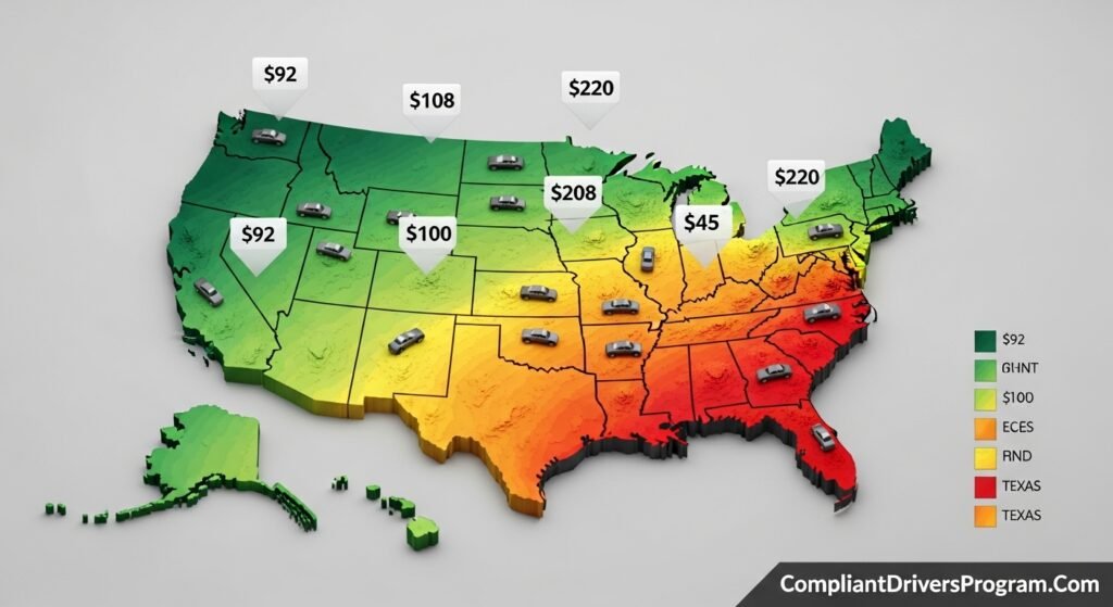 US map showing cheap car insurance states in green and expensive states in red for 2026