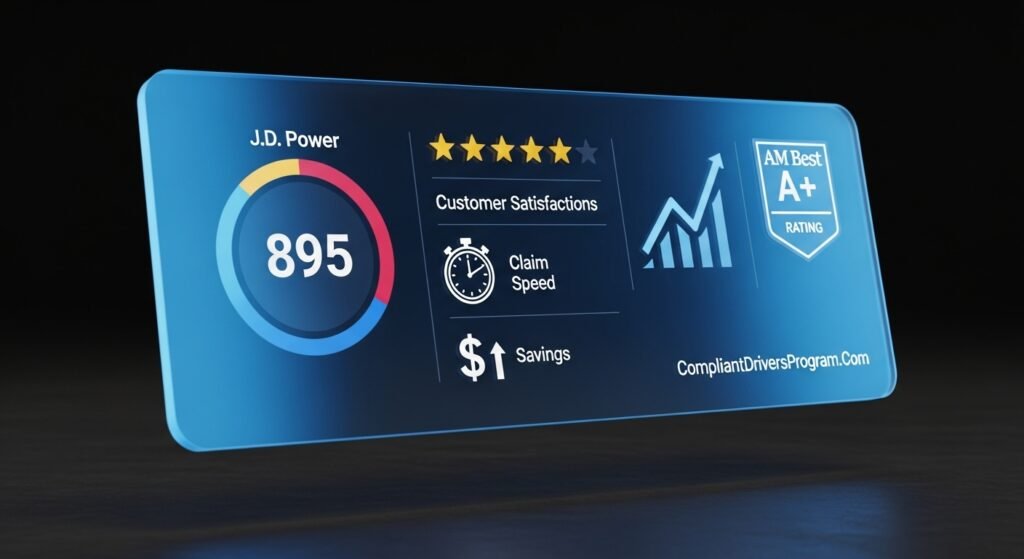 Insurance rating dashboard showing JD Power scores, customer satisfaction stars, claims processing speed, and AM Best ratings