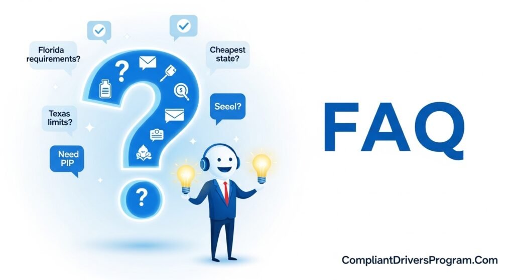 Frequently asked questions visual showing common queries about state car insurance requirements with helpful answers indicator