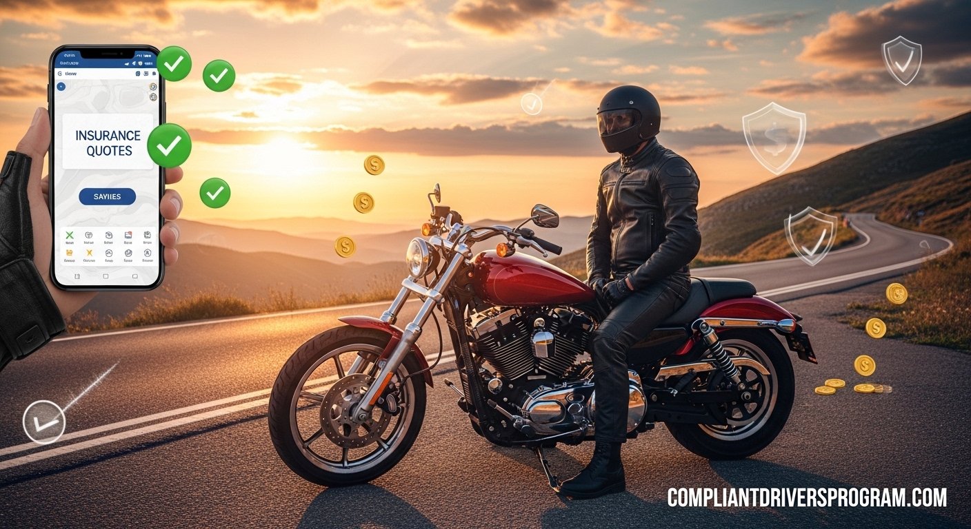 Motorcycle rider on red cruiser comparing cheap motorcycle insurance quotes on smartphone at sunset mountain road - CompliantDriversProgram.Com