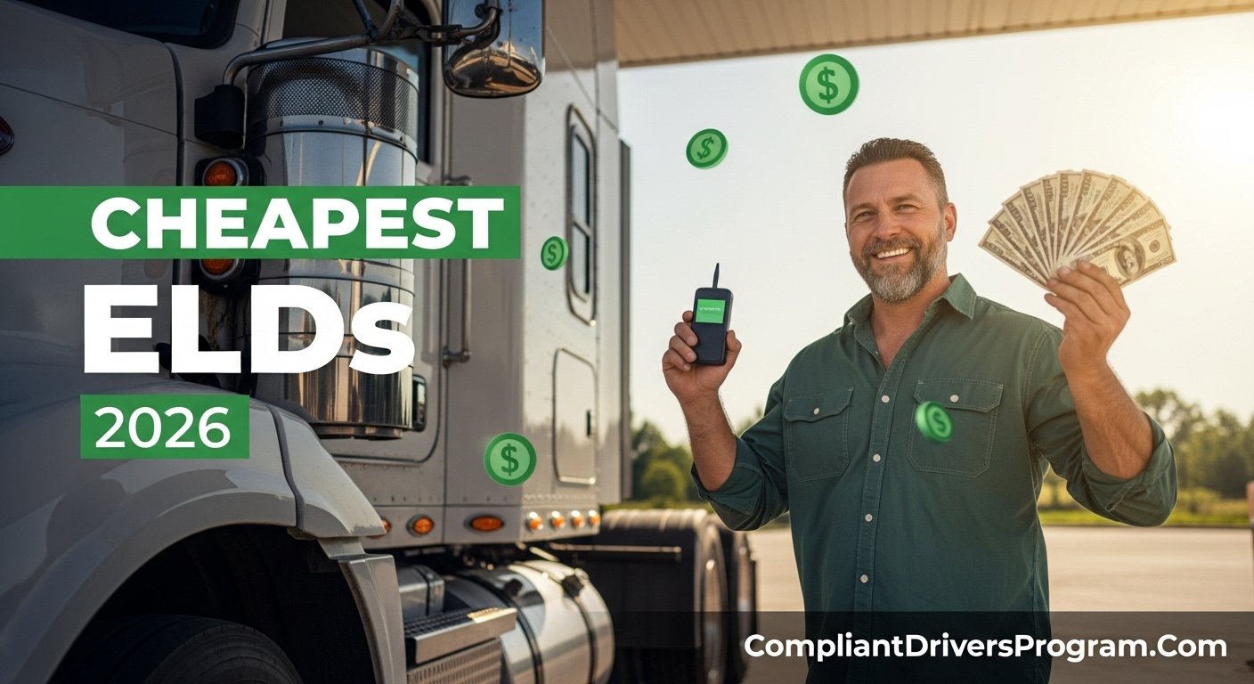 Owner operator trucker holding budget ELD device and cash savings next to semi truck