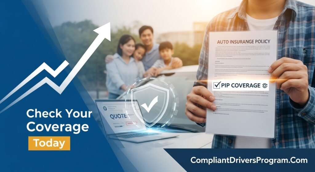 Person reviewing PIP insurance policy with protected family and car symbolizing financial security after accidents